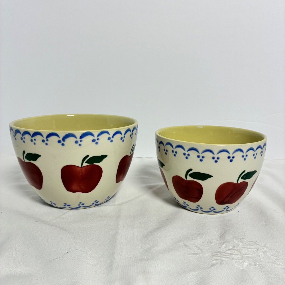 2 N-D Nesting Bowls Apple Hand Painted Ceramic Country Kitchen Cottage Farmhouse